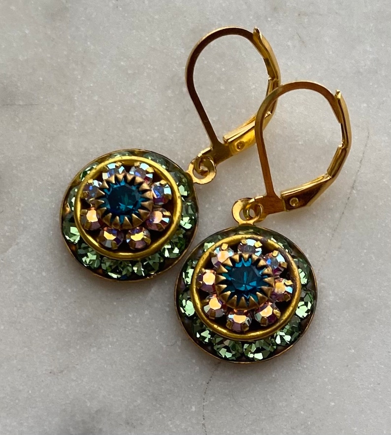 Swarovski Peridot and Aurora Borealis or AB Three Layer Rhinestone Crystal Drop Earrings image 1