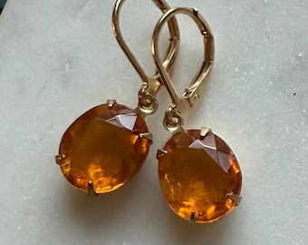 Golden Topaz 12 x 10 mm Sheer Faceted Crystal Rhinestone Oval Dangle Earrings