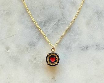 Vintage West German 9 mm Round Black Glass with Red Heart Centers and gold details necklace on gold  plated brass chain