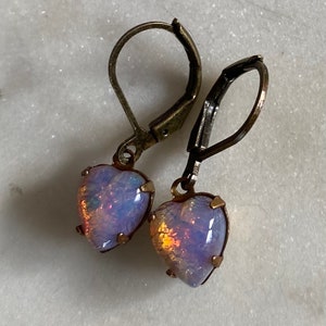 Vintage Pink Harlequin Fire Opal 8 mm Heart Glass Earrings