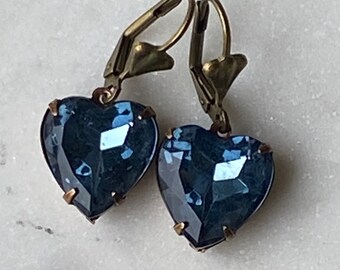 Vintage Sparkling Blue Faceted 15 x 18 mm Foil Back Rhinestone Heart Glass Earrings