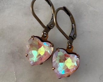 Electric Peach Pink 10 mm Faceted Glass Heart Earrings