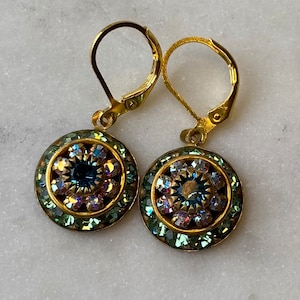 Swarovski Peridot and Aurora Borealis or AB Three Layer Rhinestone Crystal Drop Earrings image 7