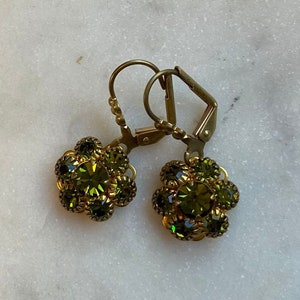 Peridot Rhinestone Swarovski Crystal Flower Drop Earrings with raw brass floral or plain lever back ear wires.
