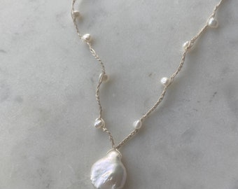 Freshwater Pearl Cotton Crocheted Necklace with Sterling Silver Clasp