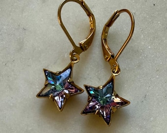 Vitrail Light Purple 10 mm Swarovski crystal foil back stars Rhinestone Brass Celestial Star Earrings.