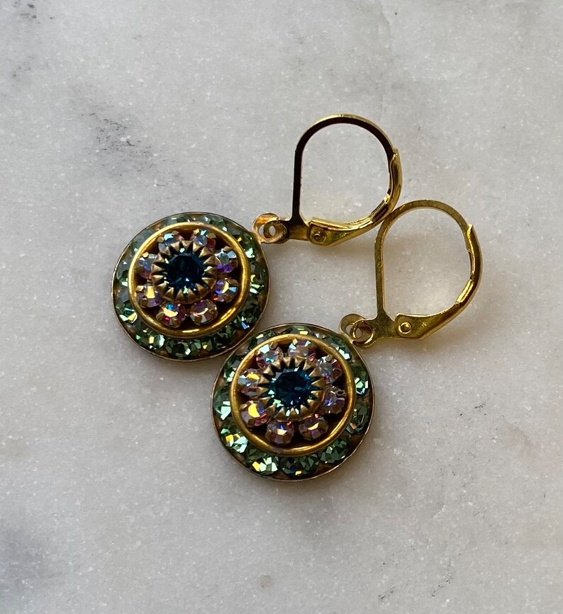 Swarovski Peridot and Aurora Borealis or AB Three Layer Rhinestone Crystal Drop Earrings image 9