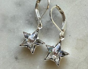 Sparkly 10 mm Clear Swarovski Crystal Stars set in Silver Plated Brass Celestial Earrings.