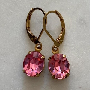 Vintage Swarovski 10 x 8 mm Pink Rose Gold Foiled Crystal Rhinestone Oval Dangle Earrings