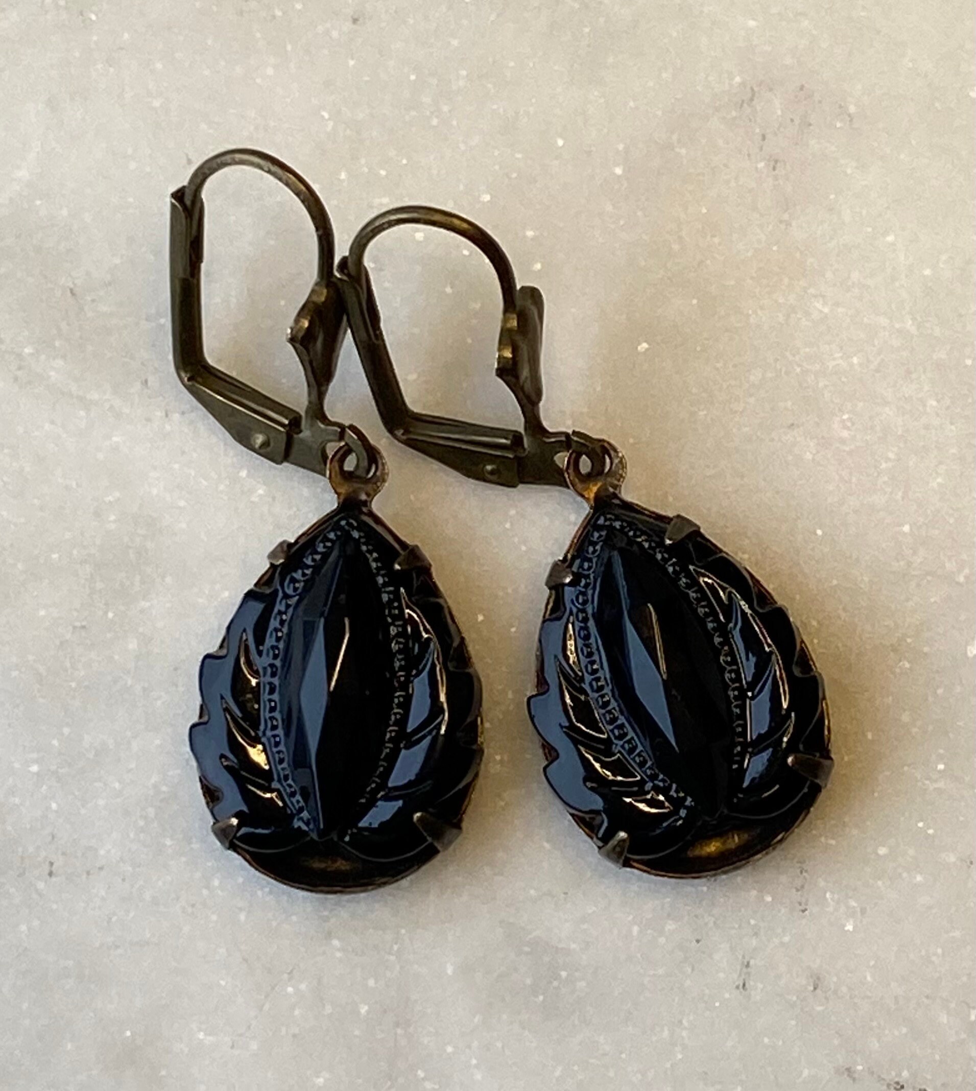 Vintage West German Jet Black Onyx  Leaf 18 x 13 mm Faceted Glass Earrings