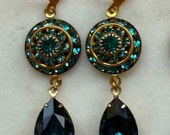 Swarovski multi-layered Blue Zircon Raised Drop Earrings with Blue Zircon crystal teardrop dangle.