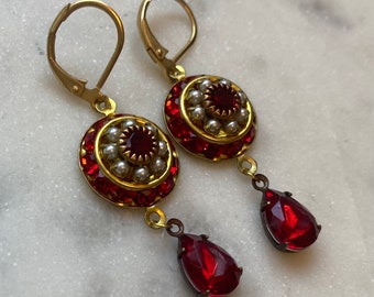 Swarovski multi-layered Ruby Red Crystal and Pearl Raised Drop Earrings with Red crystal teardrop dangle.