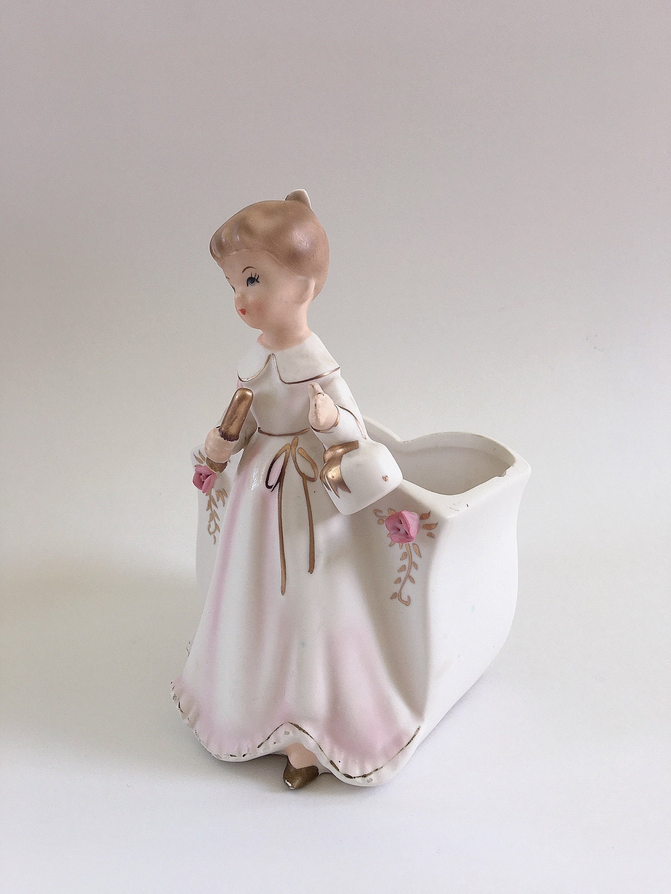 Vintage Porcelain Lady Figurine Vase Ceramic Planter Vanity Etsy