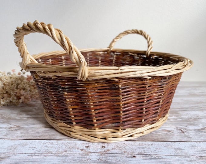 Vintage Willow Basket With Handles Beige & Brown Wicker Etsy