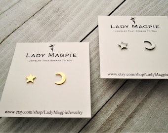 Small Moon & Star Stud Earrings | Hypoallergenic Stainless Steel | Celestial Constellation Jewelry | Mix Match | Silver Color | Gold Color