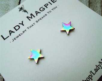 Small Star Stud Earrings | Hypoallergenic Stainless Steel | Women Girl Child Earrings | Pretty Cute Dainty Tiny | Rainbow Multi-Color | Gift