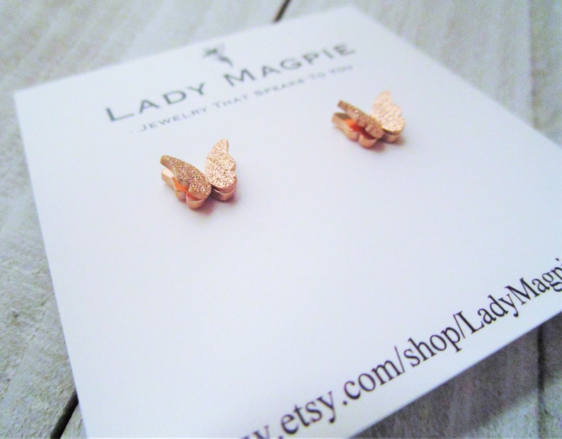 Small Butterfly Sparkling Stud Earrings Hypoallergenic Stainless Steel Silver Color Gold Color Rose Gold Color Kid Child Girl Gift image 4