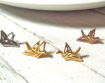 Pendientes de botón con forma de pájaro de origami pequeño / Acero inoxidable hipoalergénico / Pendientes para mujer y niña / Color plata / Color oro / Color oro rosa / Ideales para regalo