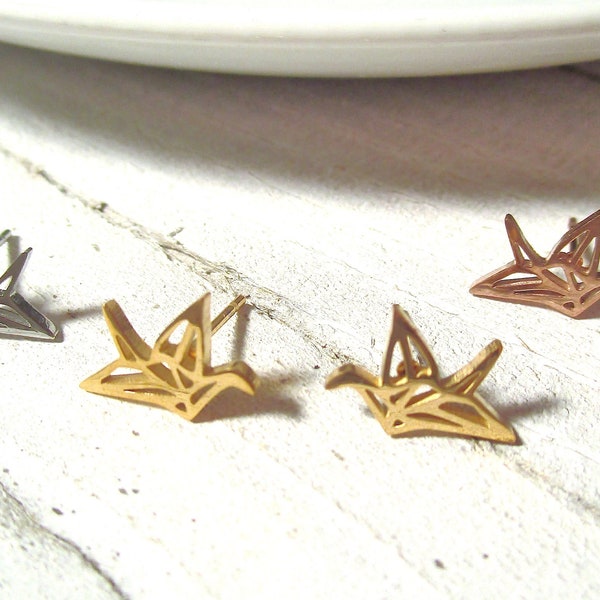 Small Origami Bird Stud Earrings | Hypoallergenic Stainless Steel | Women Girl Earrings | Silver Color | Gold Color | Rose Gold Color | Gift