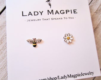 Pendientes de abeja y flor en miniatura / Plata de ley / Esmalte / Circonita cúbica / Hipoalergénicos / Asimétricos combinables / Para mujer, niña y niña