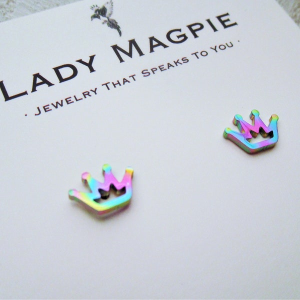 Small Princess Crown Stud Earrings | Hypoallergenic Stainless Steel | Women Girl Child Earrings | Pretty Cute Dainty | Rainbow Multi-Color