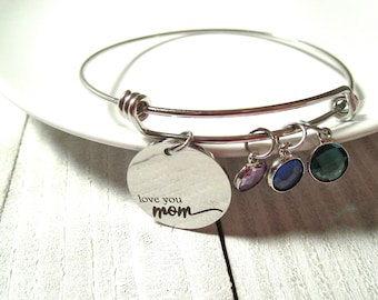 Love You Mom Bracelet | Mother Mom Bangle | Stainless Steel | Birthstone Charm Bracelet | Personalized Customized Mom Gift | SILVER Color