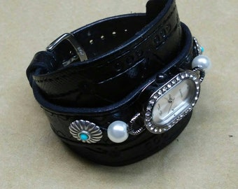 Handmade Black Genuine Leather Cuff Lady Watch