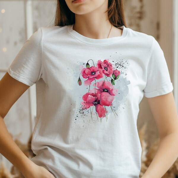 Blumen Shirt, Rote Mohn T-Shirt, Naturliebhaber T-Shirt Geschenk, Frauen Trendy Shirt, Sommer T-Shirt, Süßes Blumen T-Shirt
