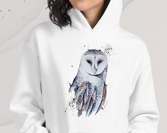 Barn Owl Hoodie, Unisex Adult Sweatshirt, Animal Print, Pullover White Hoodie, Kangaroo Pockets, Fleece, Owl Sweatshirt,  Hooded