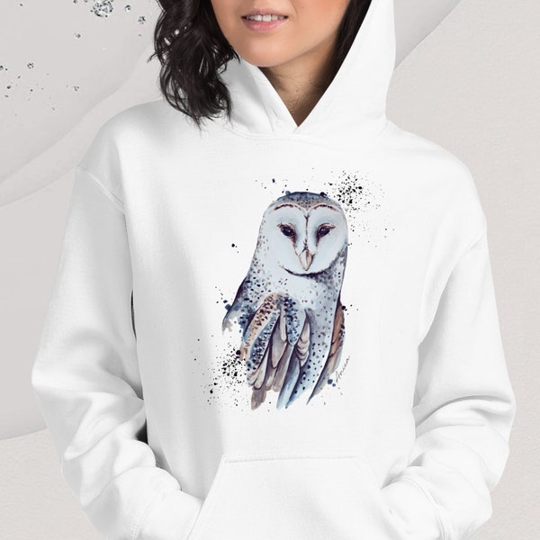 Barn Owl Hoodie, Unisex Adult Sweatshirt, Animal Print, Pullover White Hoodie, Kangaroo Pockets, Fleece, Owl Sweatshirt,  Hooded