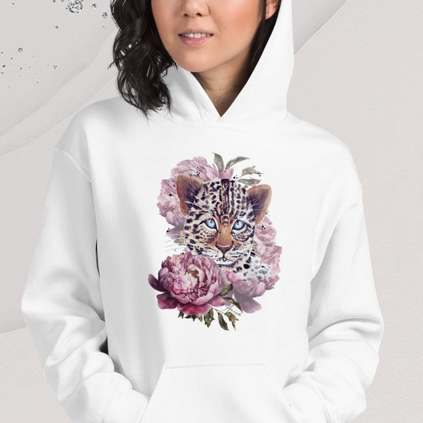 Sweatshirt Panter, Unisex Hoodie floral motif, Leopard Sweatshirt for Partners, Pullover White Hoodie, Kangaroo Pockets, Fleece