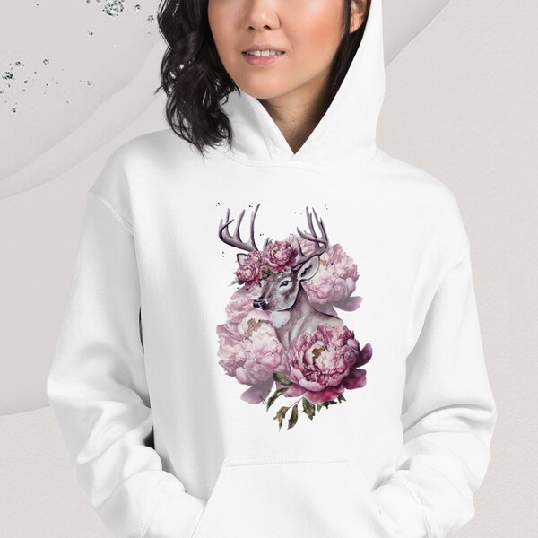 Sweatshirt Antler Deer, Unisex Hoodie Wild Elk floral motif, Deer Sweatshirt for Partners, Pullover White Hoodie, Kangaroo Pockets, Fleece