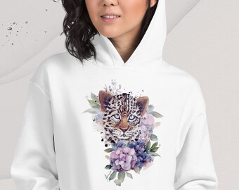 Leopard Hoodie, Unisex Sweatshirt floral motif, Pullover White Hoodie, Kangaroo Pockets, Fleece, Animal Sweatshirt,  Hooded