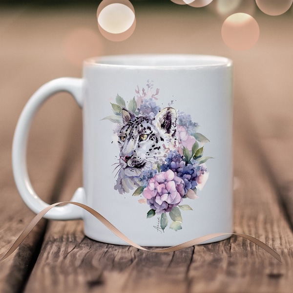 Kaffee-Tasse Schneeleopard Becher Blumen mit Namen Kaffeetasse personalisierbar Tier Wunschtext Dankeschön-Geschenk, kleines Geschenk