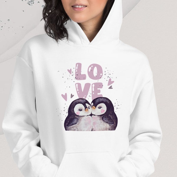Damen-Sweatshirt mit Kapuze Pinguinen Pullover Valentinstag Hoodie, Kapuzenpullover mit Pinguin, Valentinstag Shirt, Paar Geschenke