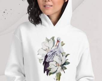 Stork Hoodie, Unisex Sweatshirt floral motif, Pullover White Hoodie, Kangaroo Pockets, Fleece, Bird Sweatshirt,  Hooded