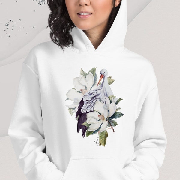 Stork Hoodie, Unisex Sweatshirt floral motif, Pullover White Hoodie, Kangaroo Pockets, Fleece, Bird Sweatshirt,  Hooded