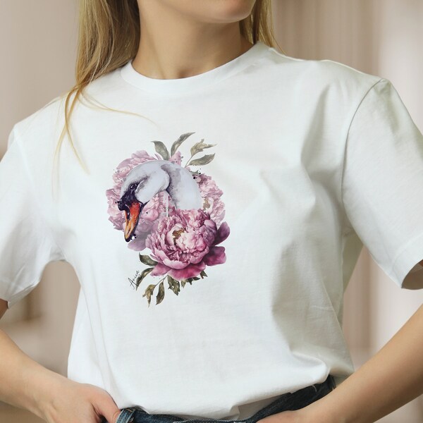 Damen T-Shirt Vogel weißer Schwan Blume Baumwolle Shirt für Frauen Vogel Blumen Frühlings Shirt, Mode für Frauen, Geschenk zum Muttertag