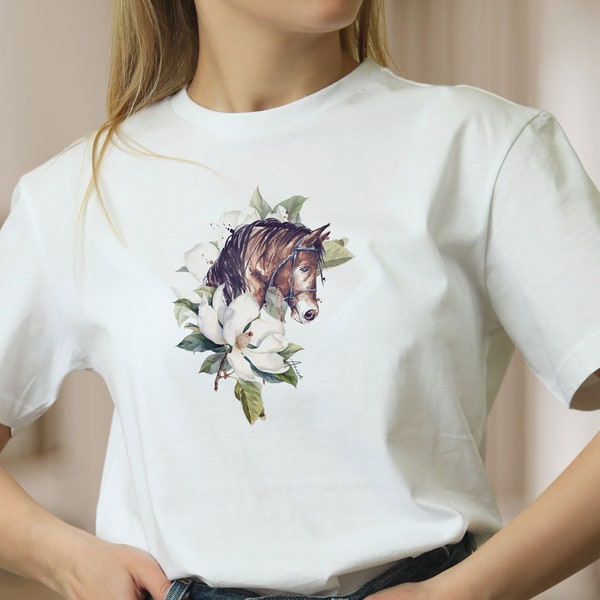 Damen T-Shirt braunes Pferd Blume weiße Bluse Baumwolle Shirt für Frauen Tier Blumen Frühlings Shirt, Mode für Frauen Geschenk zum Muttertag