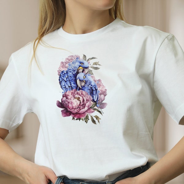 Shirt für Frauen Vogel T-Shirt Papageien und Blume weiße Bluse Baumwolle T-Shirt, Frühlings Tee, Mode für Frauen Geschenk zum Muttertag