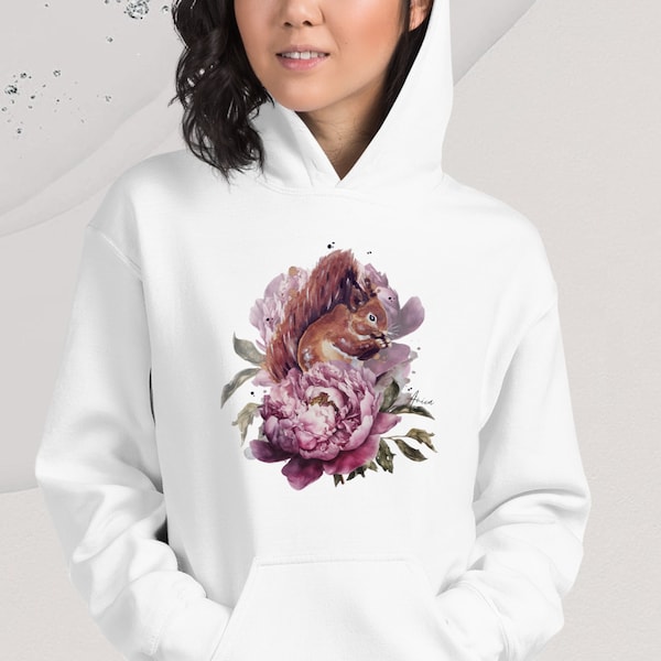 Squirrel Hoodie, Unisex Sweatshirt floral motif, Pullover White Hoodie, Kangaroo Pockets, Fleece, Animal Sweatshirt,  Hooded