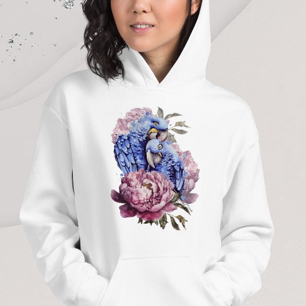 Sweatshirt Blue Parrots, Unisex Hoodie floral motif, Birds Sweatshirt for Partners, Pullover White Hoodie, Kangaroo Pockets, Fleece