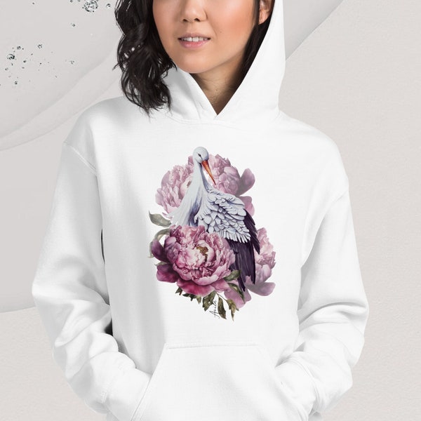 Sweatshirt Stork, Unisex Hoodie floral motif, Birds Sweatshirt for Partners, Pullover White Hoodie, Kangaroo Pockets, Fleece
