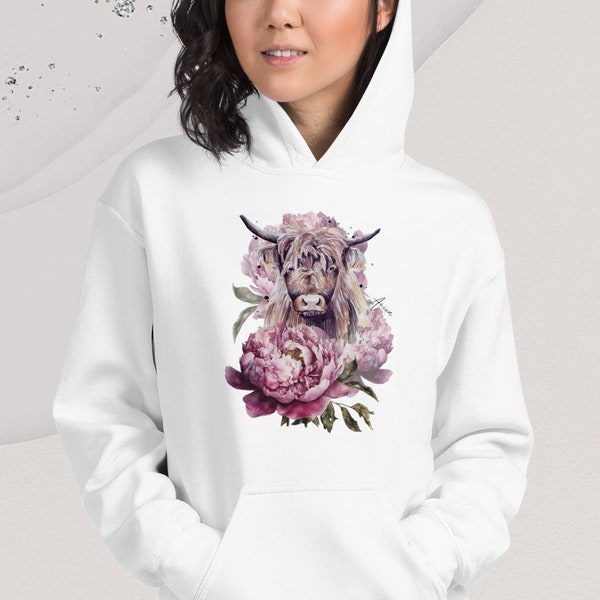 Sweatshirt Highland Cattle, Unisex Hoodie floral motif, Cow Sweatshirt for Partners, Pullover White Hoodie, Kangaroo Pockets, Fleece