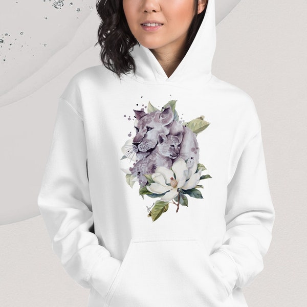 Sweatshirt mother lioness and lion cub Unisex Hoodie Floral Motif, Sweatshirt for Mom, Pullover White Hoodie, Kangaroo Pockets, Fleece