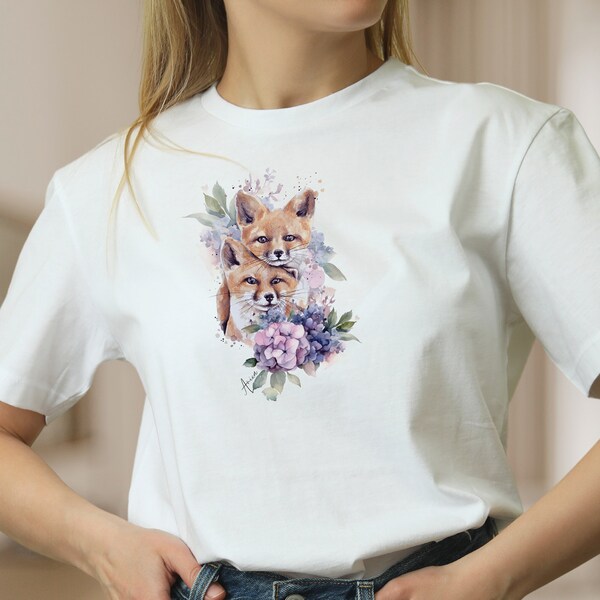 Shirt für Frauen Füchse Waldtier T-Shirt Rotfuchs und Blume weiße Bluse, Frühlings Tee, Mode für Frauen Geschenk zum Muttertag