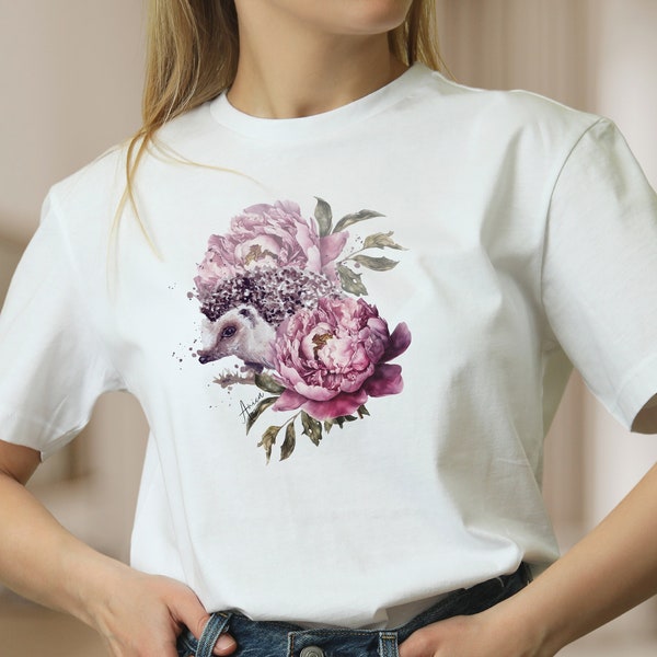 Damen T-Shirt Igel und Rosa Blume weiße Bluse Baumwolle Shirt für Frauen Tier Frühlings Shirt, Mode für Frauen Geschenk zum Muttertag