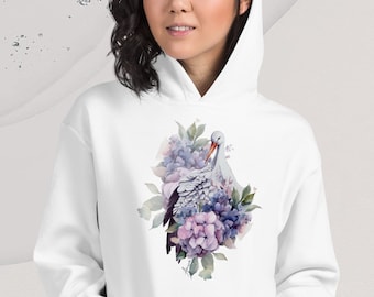 Stork Hoodie, Unisex Sweatshirt floral motif, Pullover White Hoodie, Kangaroo Pockets, Fleece, Birds Sweatshirt,  Hooded