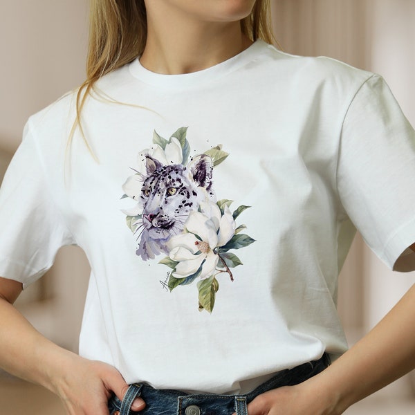 T-Shirt Schneeleopard Blumen Tier weiße Baumwolle Damen Shirt für Frauen Frühlings T-Shirt, Mode für Frauen, Geschenk zum Muttertag