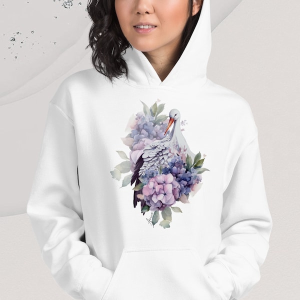 Stork Hoodie, Unisex Sweatshirt floral motif, Pullover White Hoodie, Kangaroo Pockets, Fleece, Birds Sweatshirt,  Hooded